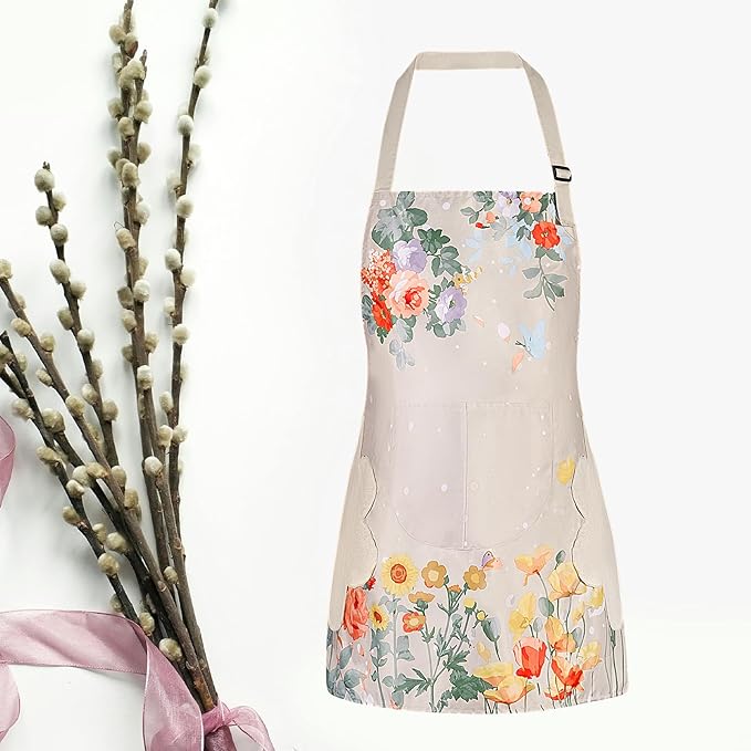 DILLMAN 2 Pack Floral Aprons with Pocket Blooming Womens Waterproof Adjustable Cooking Aprons Kitchen Gardening Salon