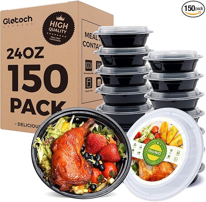 Glotoch Express Round Meal Prep Containers 24oz Black 150 Pack, Plastic Food Storage Containers for Lunch, Microwave, Freezer, and Dishwasher Safe Takeout Containers