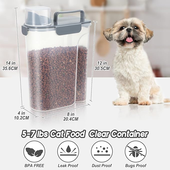 LEAWALK Large Spout Pet Food Storage Container, 5-7LBS/6Qt/5L Meter Dispenser with Handle, Measuring Cup, Double Sealing Tape and 4 Safety Snaps to Seal Dog Food and Cat Food-Gray Blue
