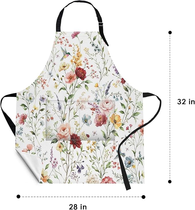 Britimes Apron Home Kitchen Cooking Baking Gardening for Women Men With Pockets Wildflower Flower Floral Boho Butterfly Hydrangea 32x28 inch