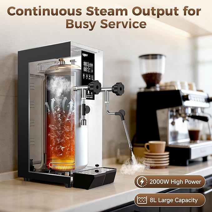Commercial Steam Milk Frother,1.6Bar Fast Frothing in 15s,2000W 8L Boiler for Continuous Use, Temp Probe, Triple Safety, 3-in-1 Hot Water & Steam with LED Display for Coffee Shops& Restaurant