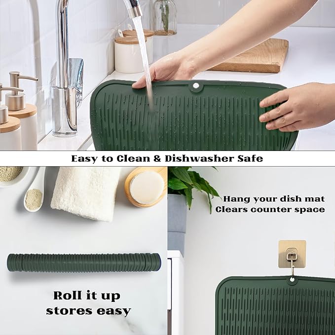ZLR Large Silicone Dish Drying Mat (16" x 18") - XL Heavy Duty Drainboard Mat for Pots, Pans & Family Loads - Heat Resistant Trivet & Counter Protector, Easy Clean (Dark Green)