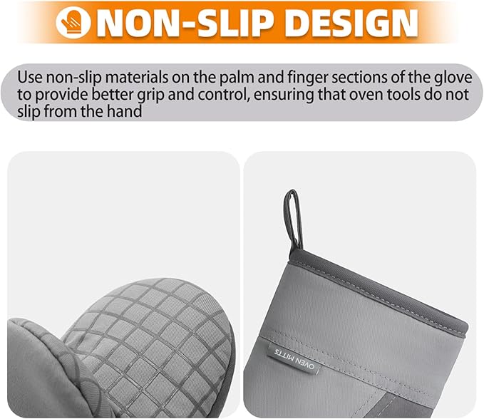 Mini Oven Mitts, Kitchen Oven Gloves Kitchen Mittens 500 Degrees Heat Resistant Baking Gloves, Non-Slip Silicone Surface with Hanging Loops Hot Gloves for Cooking, Baking, BBQ 1 Pair-Gray