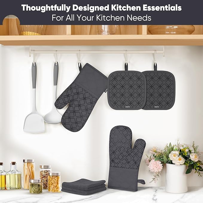 Oven Mitts and Pot Holders Set with Dishcloths, 500 Degree Heat Resistant Oven Gloves and Hot Pads, Premium Soft Cotton Kitchen Mittens and Dish Cloth Sets-Deep Grey