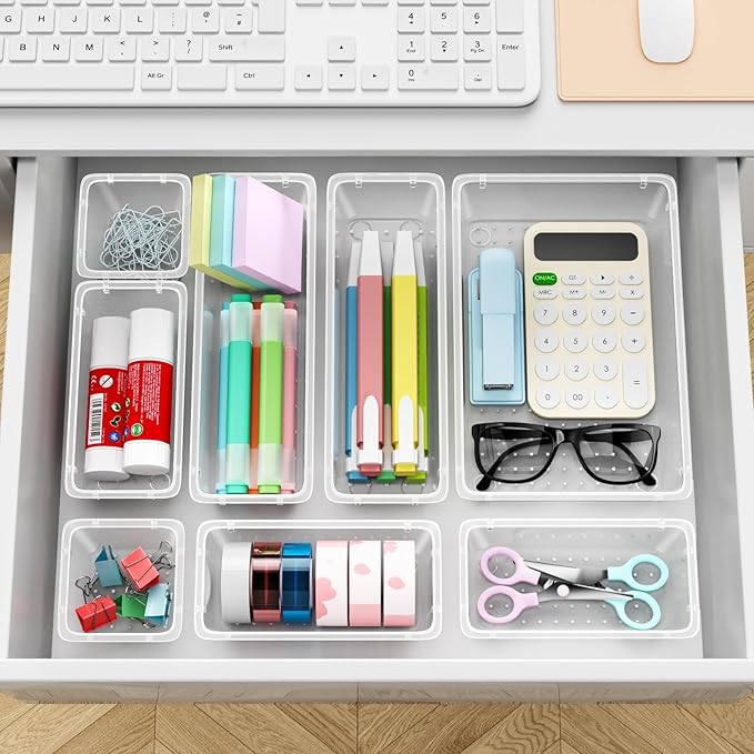 ElegantArray 36 PCS Drawer Organizer Set, 4 Sizes Tool Storage Trays, Clear Plastic Makeup Vanity Organizer and Storage Bins for Makeup, Stationeries, Multiple Gadgets for Bathroom, Office, Bedroom