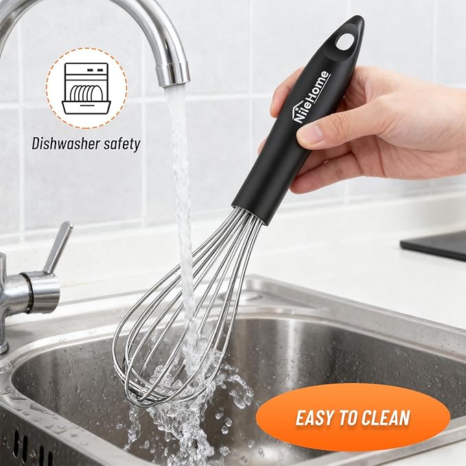 NileHome Silicone Whisk Set 8" 10" Kitchen Whisk Kitchen Wisk Wire Whisks for Cooking, Whisking, Blending, Beating, Stirring-Black Silver