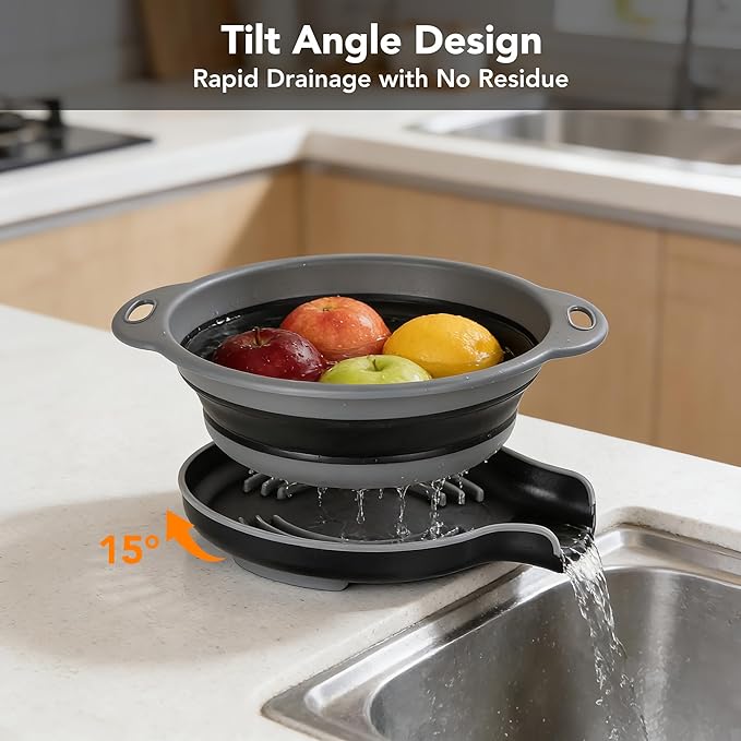 Collapsible Colander Set of 3 with Kitchen Counter Self-draining Base, Round Silicone Food Foldable Strainer for Cooking Pasta, Vegetables and Fruit (3QT, 4QT and 5QT)