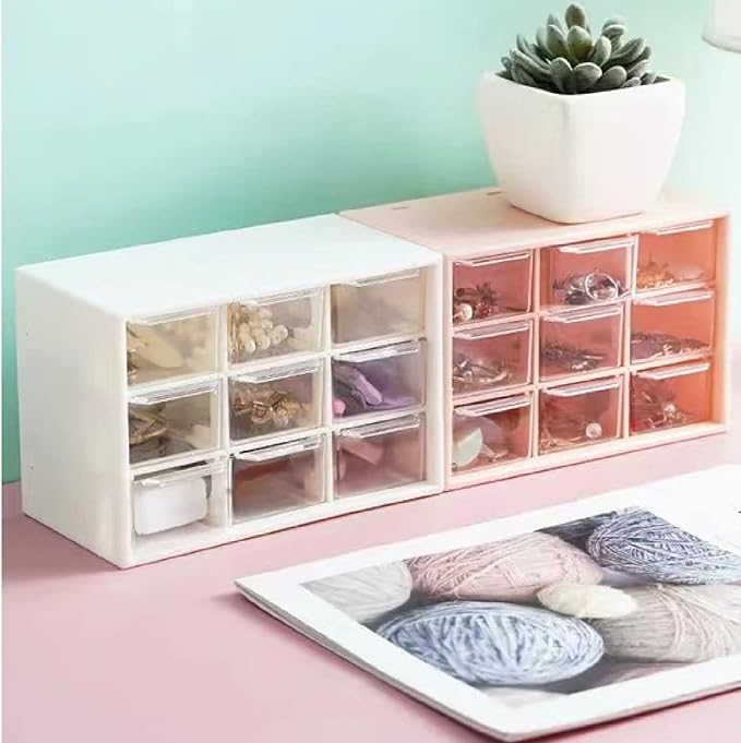 Feadily 4PCS Small Drawer Organizer for Desk, Desktop Drawer Organizer with 9 Clear Drawers, Plastic Desktop Storage Drawers 7.1 Inch x 3 .9 Inch x 4.7 Inch, Pink