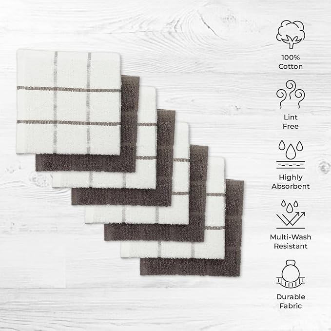 100% Cotton Terry Dish Cloth & Dish Towel, 8 Pack, Super Soft and Absorbent Kitchen Towels, Perfect for Kitchen Cleaning and Dish Washing (Grey (Solid and Checks) 8 Pack)