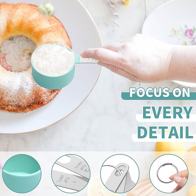 Measuring Cups Set Measuring Spoons Set, Nesting Measure Cups with Stainless Steel Handle, For Measuring Dry and Liquid Ingredients Small Teaspoon with Plastic Head (Mint Green)
