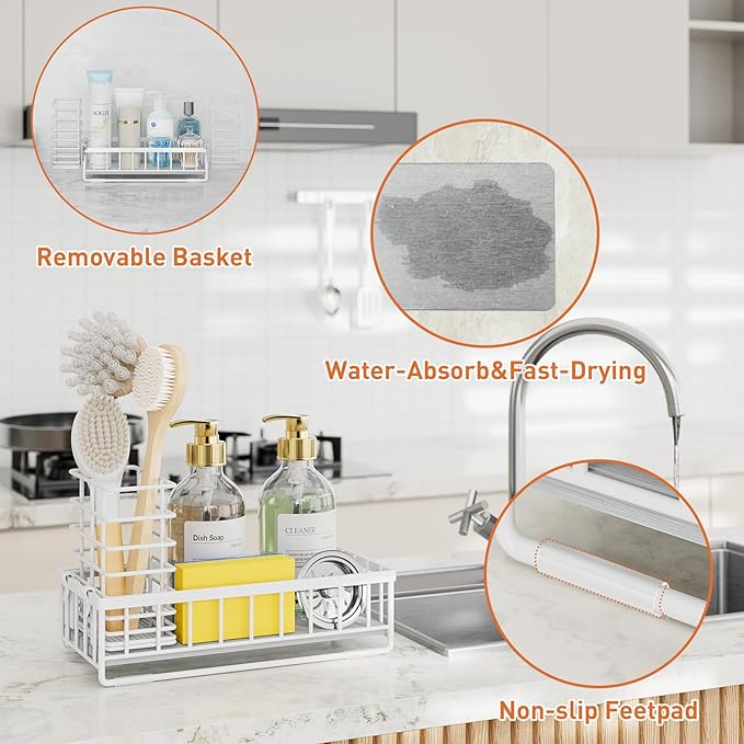OVICAR Kitchen Sink Caddy Organizer - Sponge Holder with Dish Brush Holders - Instant Dry Waterproof Soap Dispenser Non-Slip Countertop Sink Caddy for Kitchen Bathroom White