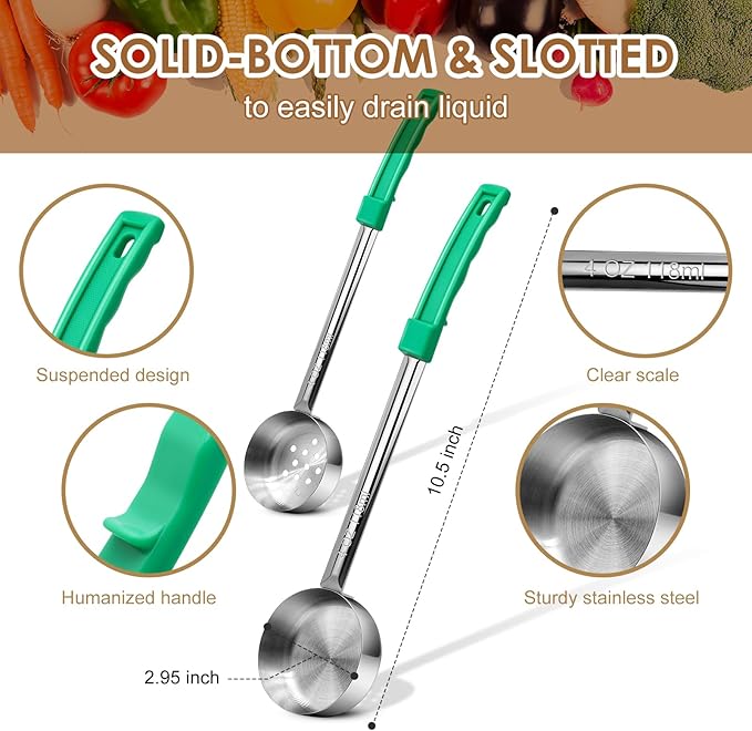 4 Ounce Stainless Steel Portion Control Ladle Spoon - 4Pcs Slotted and Unslotted Pizza Sauce Serving Spoons Portion Ladle for Sauces, Perfect for Weight Watchers, Buffets, Parties