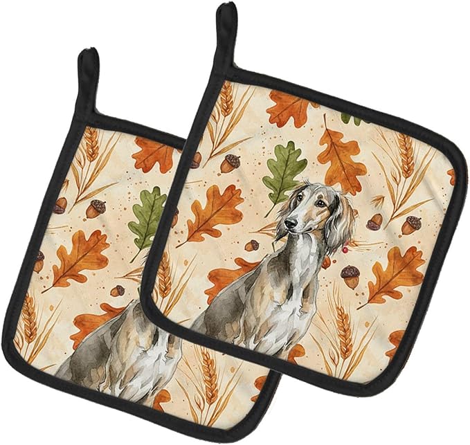 Caroline's Treasures Grizzle Saluki Heirloom Fall Pair of Pot Holders Pair 7.5x7.5 Quilted Insulated Hot Pads Decorative Kitchen Gift Made in USA