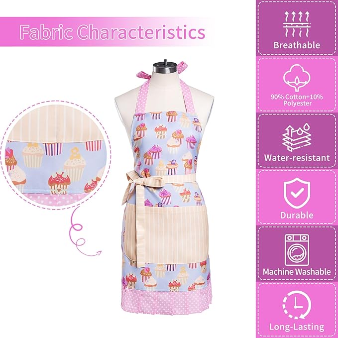 Lovely Flower Pattern Retro Aprons With Large Pockets for Women Girls Cooking Kitchen Bakery Mother's Gift