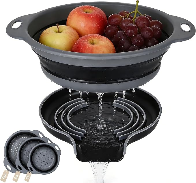 Collapsible Colander Set of 3 with Kitchen Counter Self-draining Base, Round Silicone Food Foldable Strainer for Cooking Pasta, Vegetables and Fruit (3QT, 4QT and 5QT)