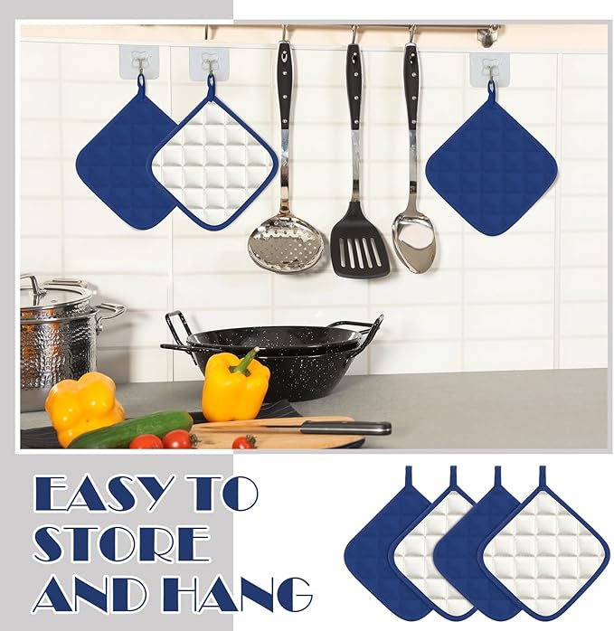 Bokon 24 Pcs Pot Holders for Kitchen, Blue Potholders Sets, Heat Resistant Cotton Hot Pad Oven Mitts Trivet with Hanging Loops for Baking Cooking