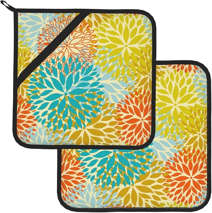 Pot Holders Set of 2 Heat Resistant & Non Slip Potholders, Cute Floral Oven Hot Pads with Pockets for Kitchen Cooking Baking Barbecue