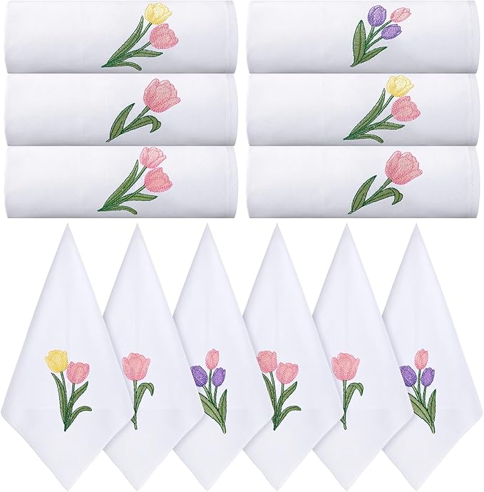 HunnmingRe 12 Pcs Spring Floral Cloth Napkins 100% Cotton Pink Tulip Dinner Tea Party Napkins Embroidered Handtowel Country French Reusable Washable for Dinner Kitchen Weddings Cocktail 17x17inch