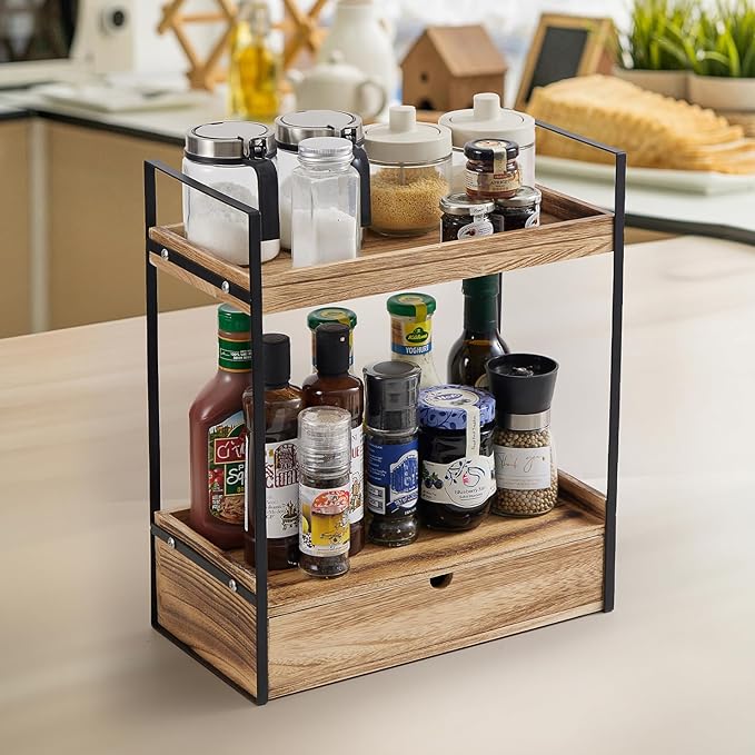 2-Tier Bathroom Organizer Countertop with Drawer, Wood Counter Shelf for Storage, Cosmetic Storage Vanity Tray for Bathroom Organization for Kitchen, Office
