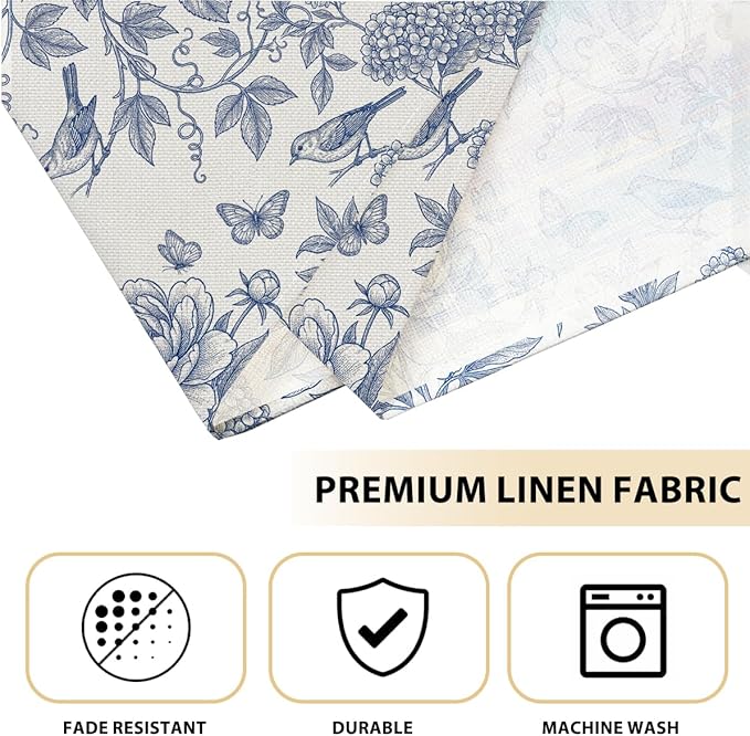 Hydrangea Flowers Branches Chinoiserie Spring Placemats Set of 4, 12x18 Inch Blue White Vintage Floral Bird Table Mats for Party Kitchen Dining Decoration, Washable Non-Slip Heat Resistant Place Mats