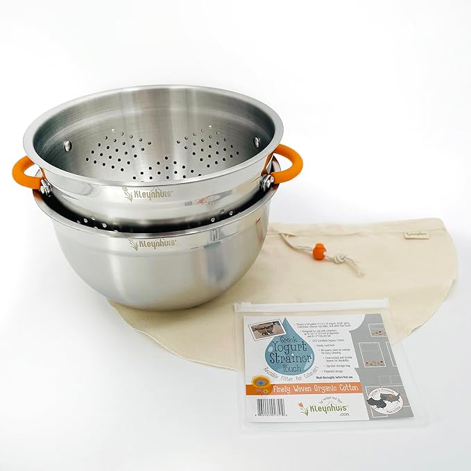 Greek Yogurt Strainer Set: Stainless Steel Colander & Bowl with Organic Cotton Strainer Pouch | Premium Greek Yogurt Maker, Large 5-Quart Size