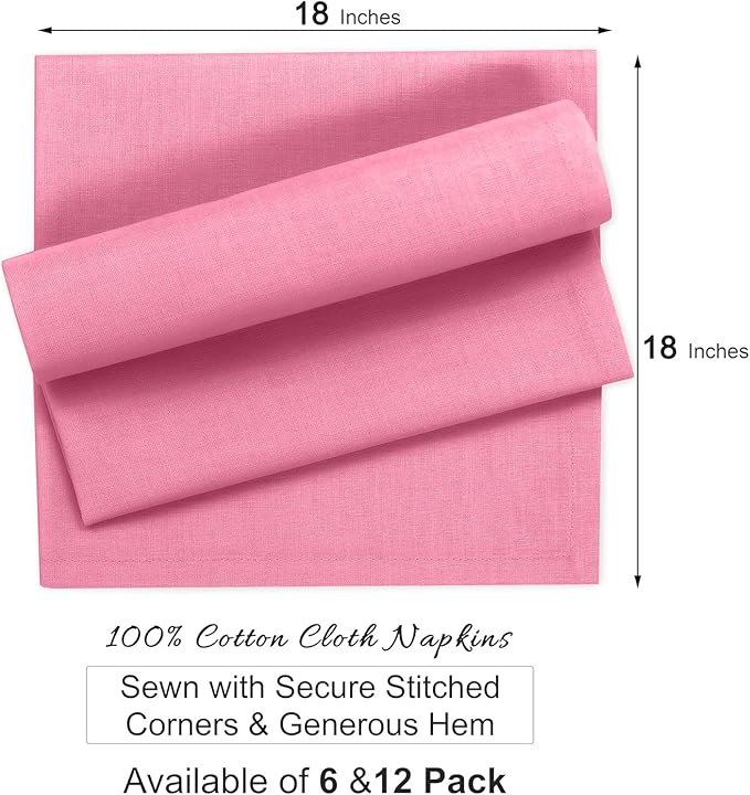 Ruvanti Cloth Napkins Set of 12, 100% Cotton High GSM 18x18 Inches Soft, Washable, Highly Durable & Absorbent, Perfect for Parties, Christmas, Thanksgiving Dinners – Pink Bubblegum