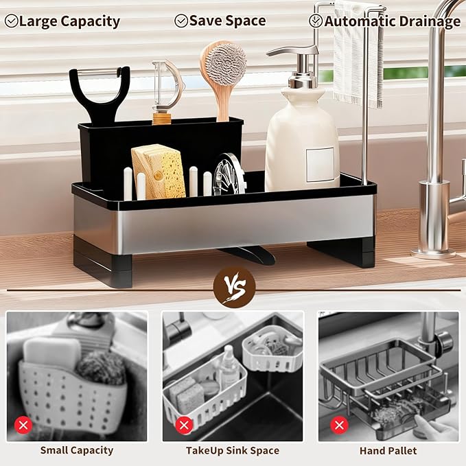 Sink Caddy, Stainless Steel Sink Caddy with Brush Holder, Kitchen Sink Caddy Dishcloth Rack and Holds Soap Dispenser, Sink Organizer Auto-Drain Rustproof Countertop Organizer (Black)