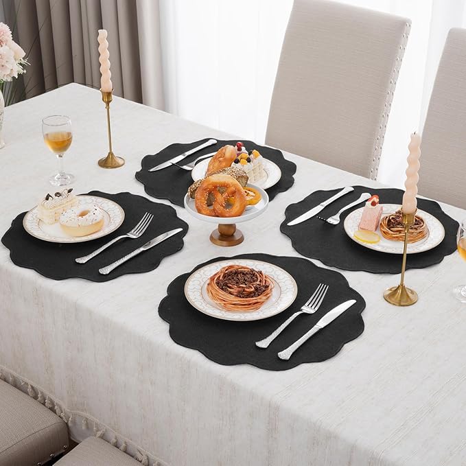 SHACOS Scalloped Round Placemats Set of 6 Polyester Linen Blend 15 inch Washable Non Slip Place Mats Easy Clean Heat Resistant Table Mats for Kitchen Dining Table Decor, Black