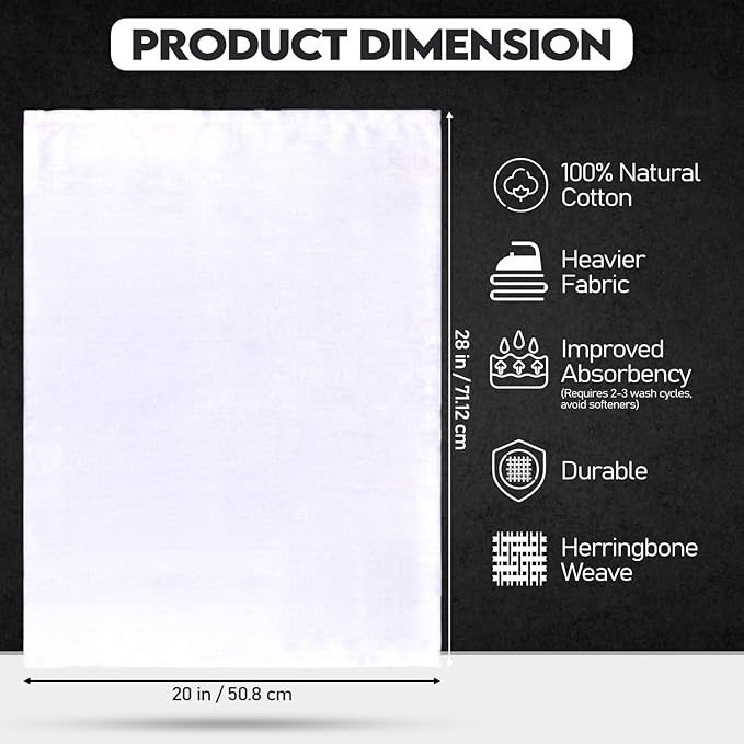 Harringdons 100% Cotton Kitchen Towels, Highly Absorbent Dish Towels for Kitchen with Hanging Loop, Large 20"x28" Washable Towels, Pure White, 6 Pack