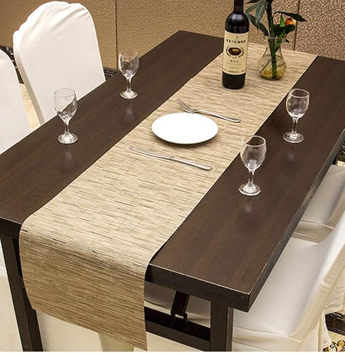 SHACOS 12x54 inch Woven Vinyl Table Runner Wipe Clean Reversible Weave Table Centerpiece Runners for Kitchen Dining Washable PVC Coffee Table Runner Indoor Outdoor, Bamboo Tan