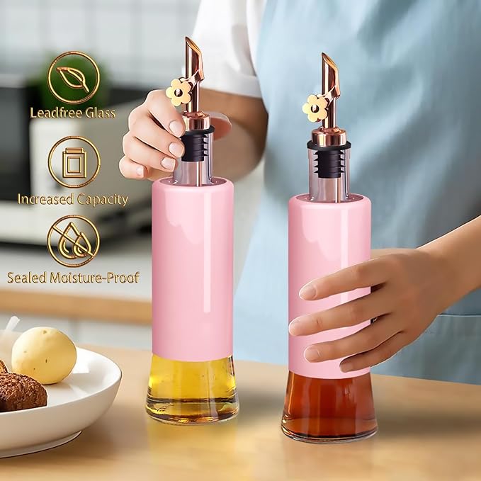 MIAO'ER Olive Oil Dispenser for Kitchen, Oil and Vinegar Dispenser Set of 2, Rose Gold Stainless Steel Spout, Pink Kitchen Decor, 300ml/10oz Kitchen Accessories for Cooking, Salad, Frying