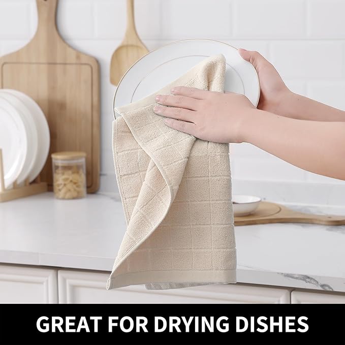 Homaxy 100% Cotton Terry Kitchen Dish Cloths, Ultra Soft and Absorbent Dish Towels for Kitchen, Suitable for Drying and Washing Dishes, 4 Pack, 12 x 12 Inches, Beige