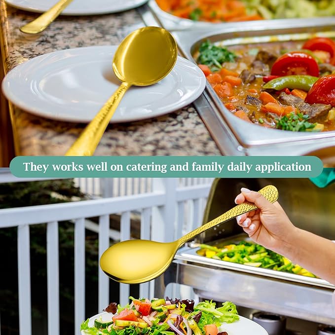 Teivio Hammered Stainless Steel Metal Serving Utensils Set of 9, 10" Serving Spoons, 10" Slotted Spoons, 9" Serving Tongs, Large Hostess Serving Set for Parties Chafing Dish Buffet Catering (Gold)