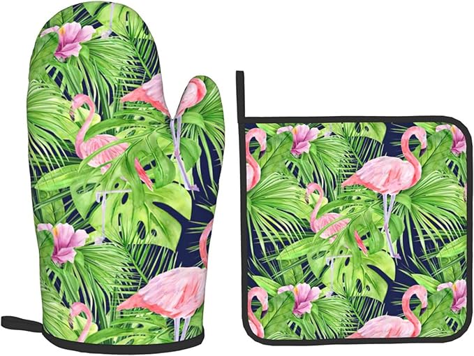 Watercolor Illustration Tropical Leaves Oven Mitts & Pot Holders Sets 2pcs Summer Pink Flamingo Decorative Kitchen Heat Resistant Non-Slip Hot Pad for Cooking Oven Gloves Baking BBQ