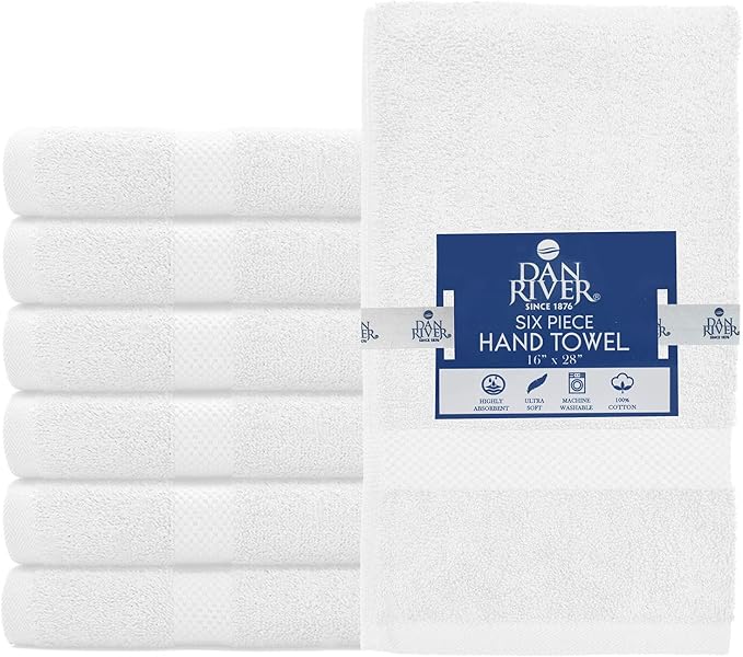 DAN RIVER 6-Pack Premium Hand Towels (16x28 Inches) - 100% Cotton, Ultra Soft, Lightweight, Highly Absorbent Towels for Bathroom, Spa, Gym, Salon, Hotel, and Travel - White