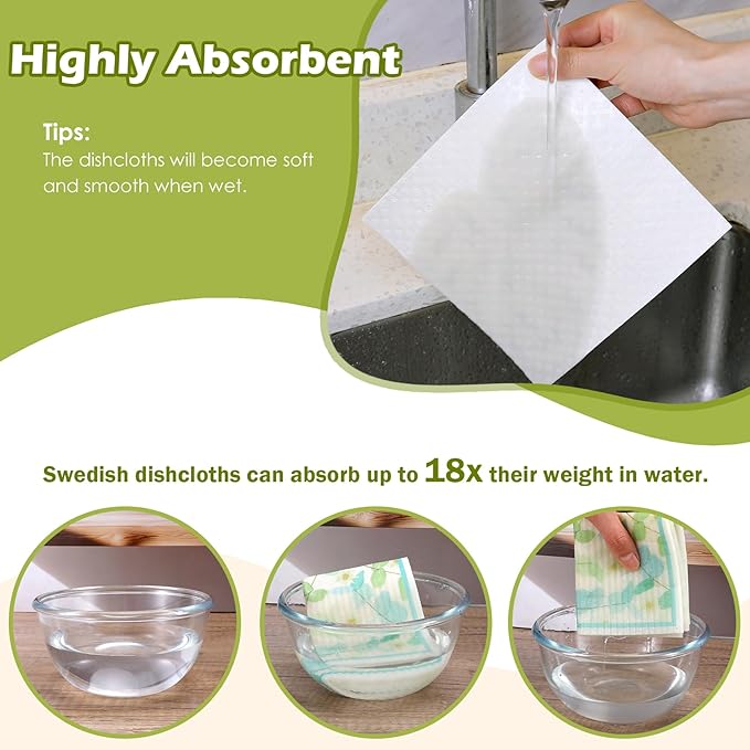 6 Packs Swedish Paper Cloths for Kitchen, Reusable Paper Towels Washable Dish Rags, Highly Absorbent Kitchen Towels Quick Drying Swedish Sponge Cleaning Dish Cloths(Eucalyptus Leaves)