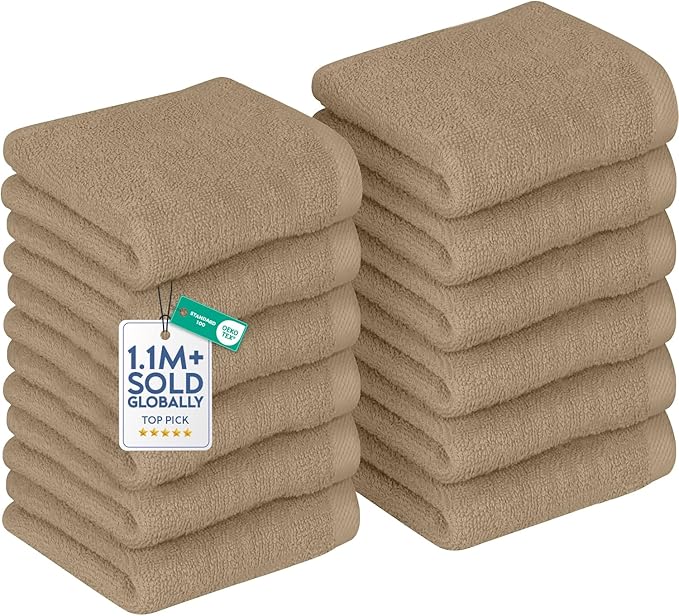 DAN RIVER 12 Pack Wash Cloths for Showering [12x12] - 100% Cotton Washcloths Premium Quality Flannel Face Cloths for Bathroom, Highly Absorbent and Soft Feel Wash Clothes, Tan
