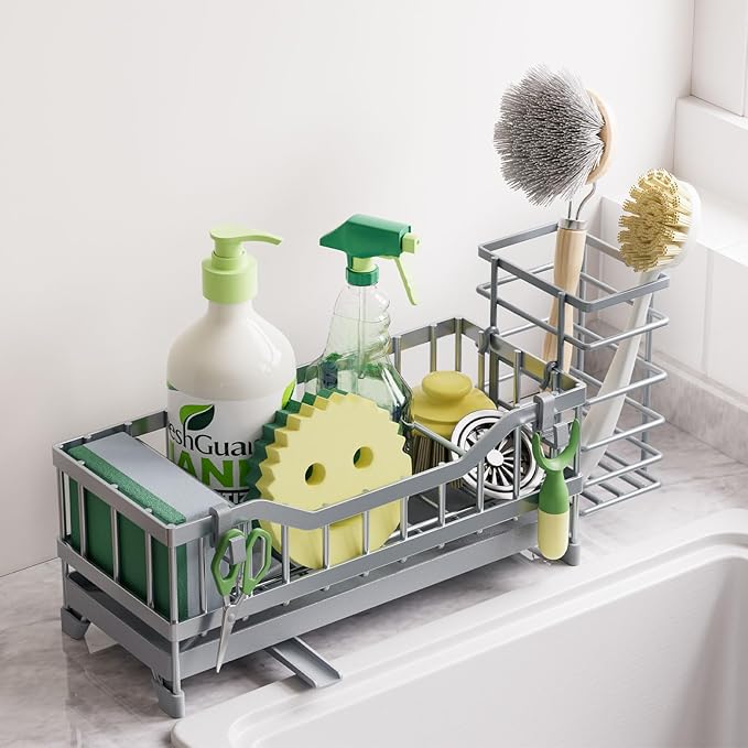 Sponge Holder for Kitchen Sink, Kitchen Sink Caddy with Long-Handled Dish Brushes Holder, 304 Rustproof Stainless Steel Countertop Organizers and Storage, Home Kitchen Sink Accessories(Silver)