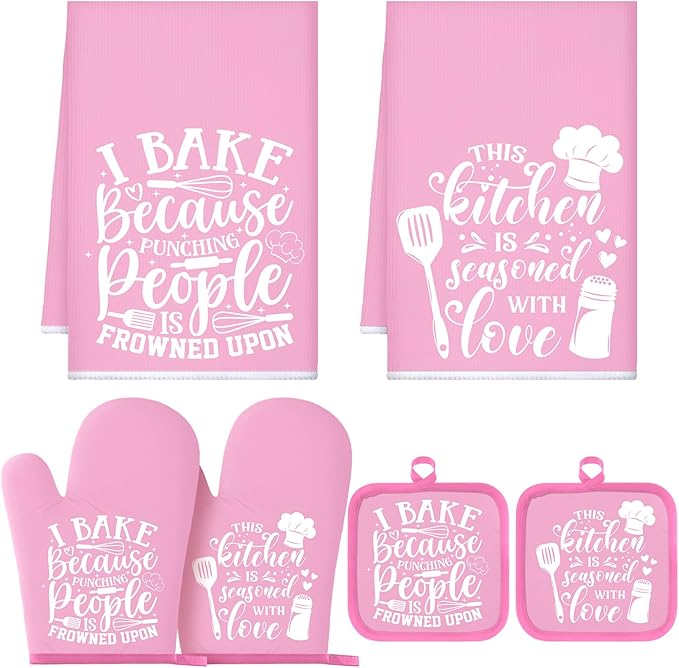 Sratte 6 Pcs Kitchen Decor Accessories Set Farmhouse Towels Pot Holders Oven Mitts Set 2 Dish Towels 2 Potholders 2 Cooking Mittens Oven Glove for Baking Cooking(Light Pink,Kitchen)