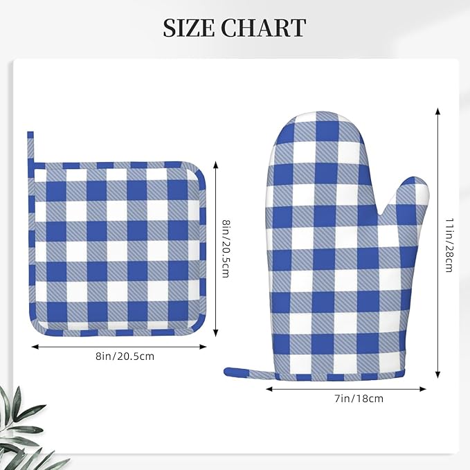 Blue and White Buffalo Plaid Oven Mitts and Pot Holders Set, 4pcs Blue and White Checkered Silicone Oven Glove for Kitchen Heat Resistant Oven Mitts and Potholders Non-Slip for Cooking