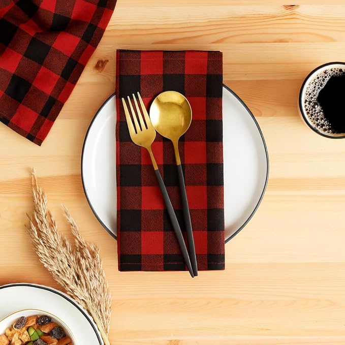 Cloth Napkins Set of 12, 100% Cotton Dinner Napkins 18x18 Inch, Soft Absorbent Gingham Check Napkin for Restaurant, Table Décor, Reusable Washable for Everyday Use - Red/Black