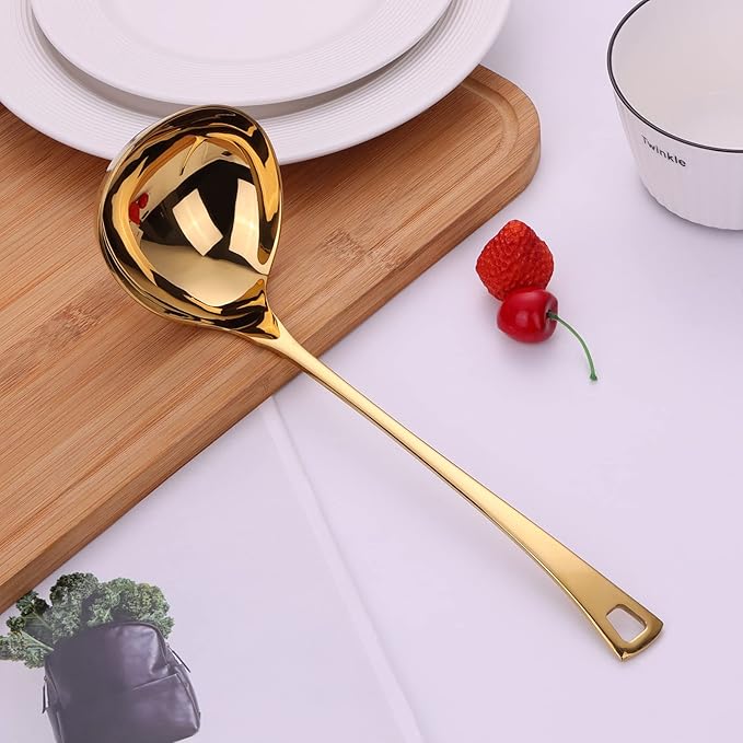 4 oz. High Grade Kitchen Ladle Heavy Duty Soup Ladle 11 Inch Stainless Steel Cooking Ladle Kitchen Accessories for Stirring Portioning and Serving Soups Gravy Sauces Chili Stew and More(Gold)…
