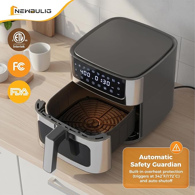 NEWBULIG Air Fryer 6.34QT, Airfryer with Visible Window, 400℉ Fast Heating Air Fryers Oven with Nonstick and Dishwasher-Safe Basket, 8-in-1 Cooking Preset, Timer，Auto-Off, Stainless Steel, Grey