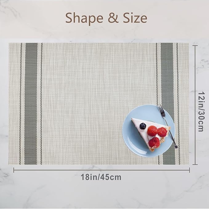 DACHUI Placemats Set of 8, Soft & Elegant Woven Vinyl Place Mats, Water Resistant, Heat Resistant, Washable, Durable Table Mats (Grey Stripes)