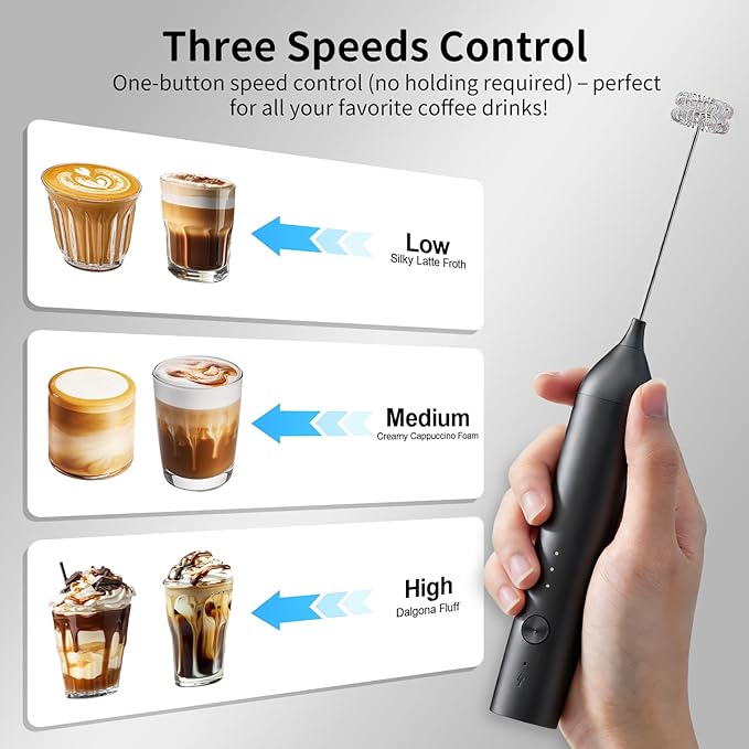 Milk Frother Handheld Rechargeable, Hand Frother with Stand, Drink Mixer Frother Wand Electric Whisk Stirrer for Coffee, Latte, Matcha, Cappuccino, Hot Chocolate, Kitchen Gifts - Black
