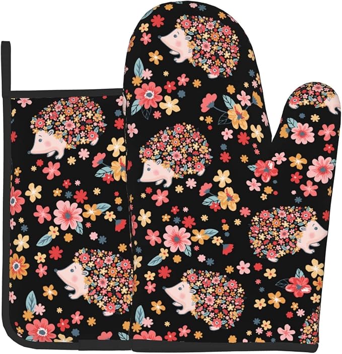 Flowers and Cute Hedgehogs Oven Mitts and Pot Holders Heat Resistant Oven Mitts Safe for Baking Cooking BBQ