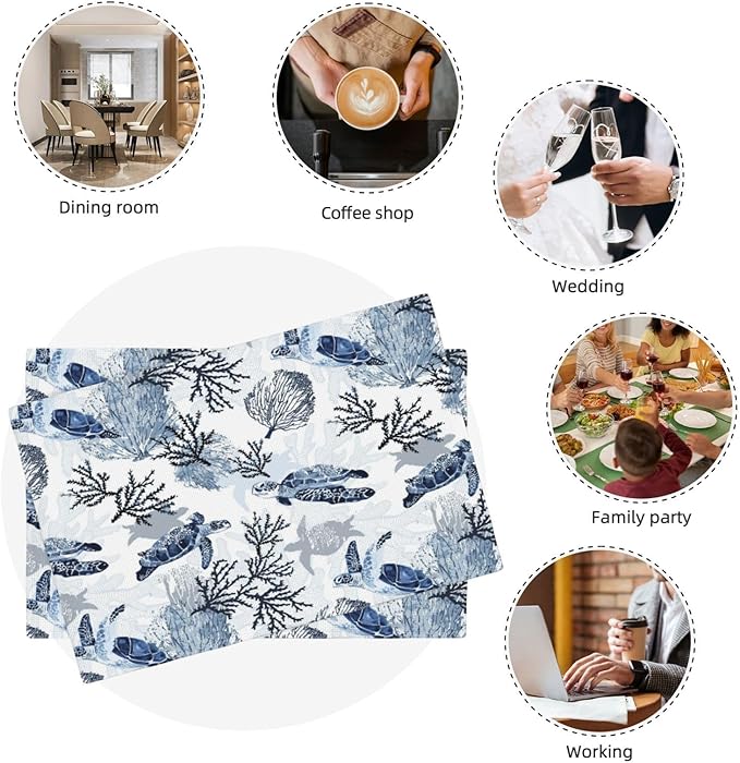 Ocean Themed Linen Placemats Set of 4, Blue White Turtle Coral Heat-Resistant Washable Non-Slip Place Mats for Kitchen Dining Table, Gift for Navy Beach Sea Life Lovers, Kitchen Home Decor Essential