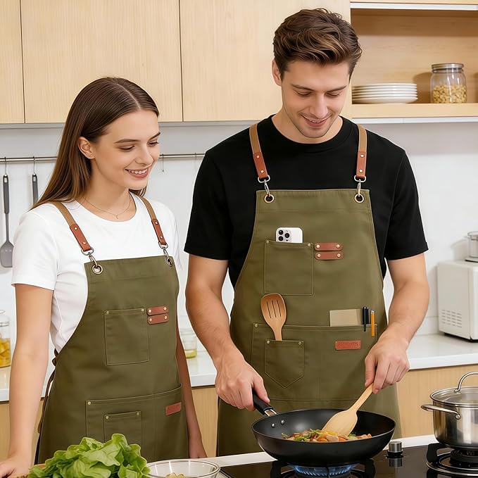 Chef Aprons for Men Women with 4 Large Pockets, Cotton Canvas Cross Back Adjustable Apron for Work grilling kitchen gardening