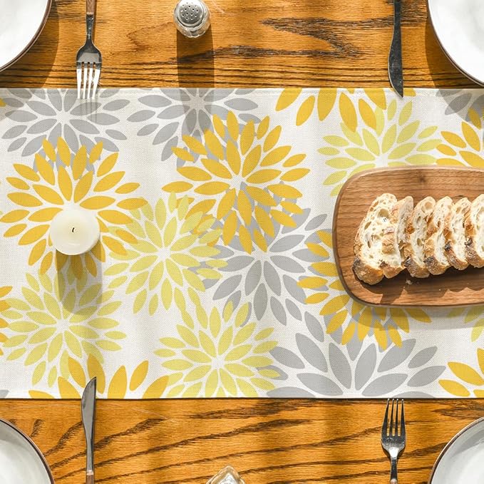 Artoid Mode Yellow Dahlia Floral Pinnata Summer Table Runner, Seasonal Spring Holiday Kitchen Dining Table Decoration for Home Party Decor 13x36 Inch