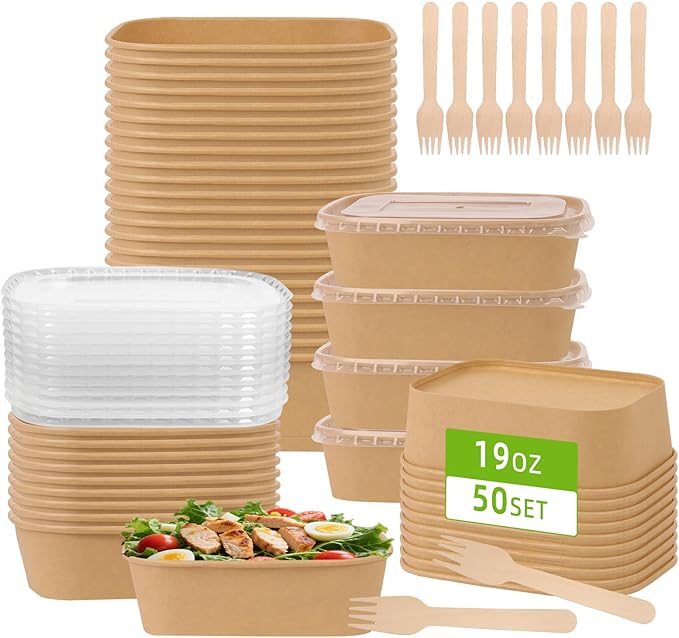 50 Pack 19 oz Paper Food Containers with Lids, Meal Prep Containers Disposable Large Paper Bowls, Microwavable and Freezer Storage Use Cardboard Food Containers